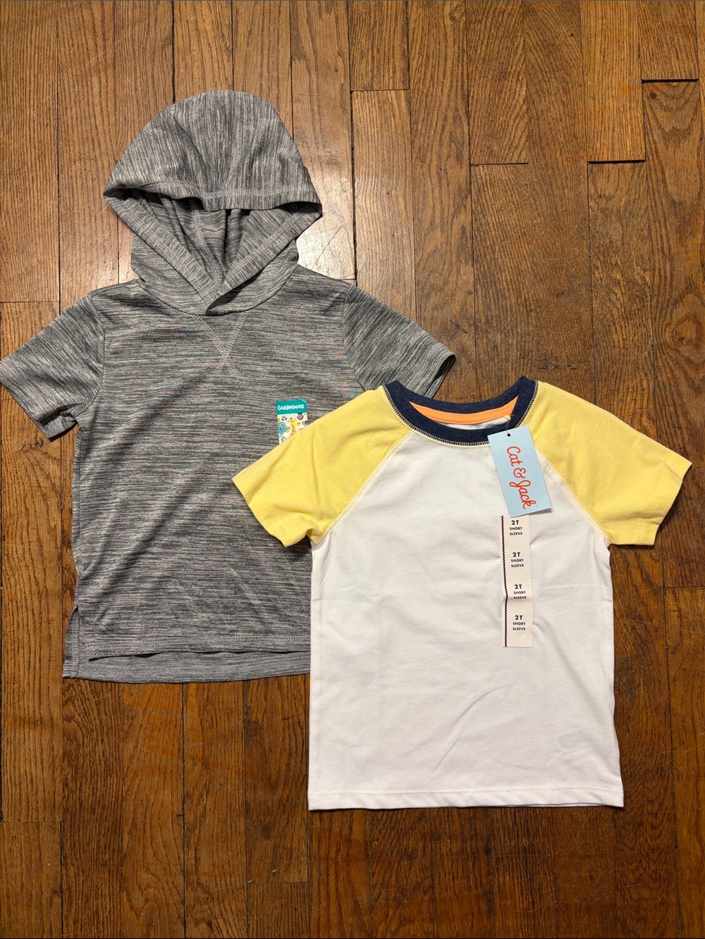 White Tee with Yellow Sleeves + Gray Hooded Short Sleeve Top